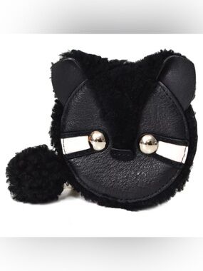 Coach Raccoon Black Pebbled Leather & Shearling Pom Pom Tail Coin Purse